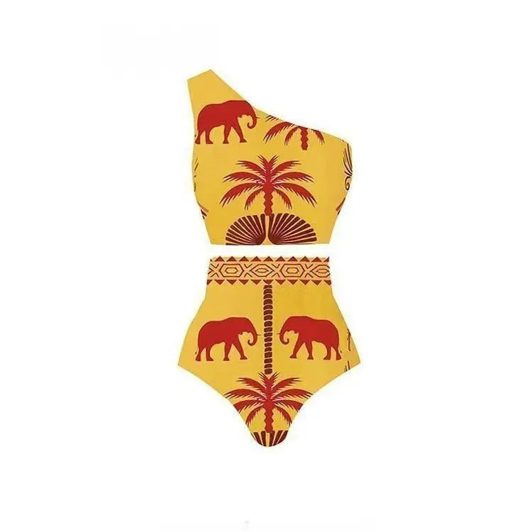 Women's polyester one-piece swimsuit in various colours and styles including one-shoulder designs