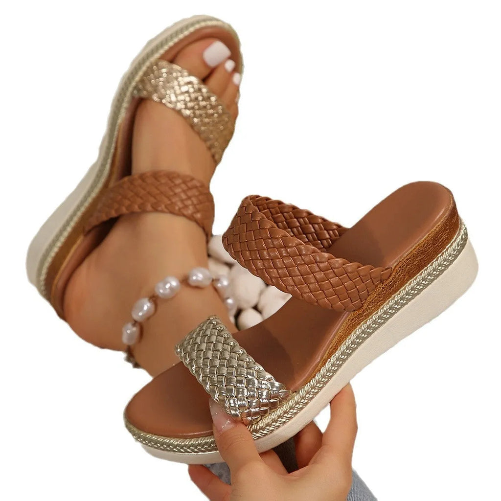Gold and silver plus size wedge sandals for women available in sizes UK 36 to 43