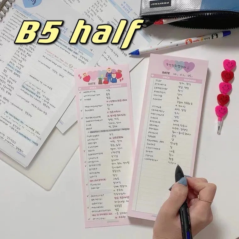 Vertical B5 half size English learning notepad with pink soft cover showing double-sided printed pages