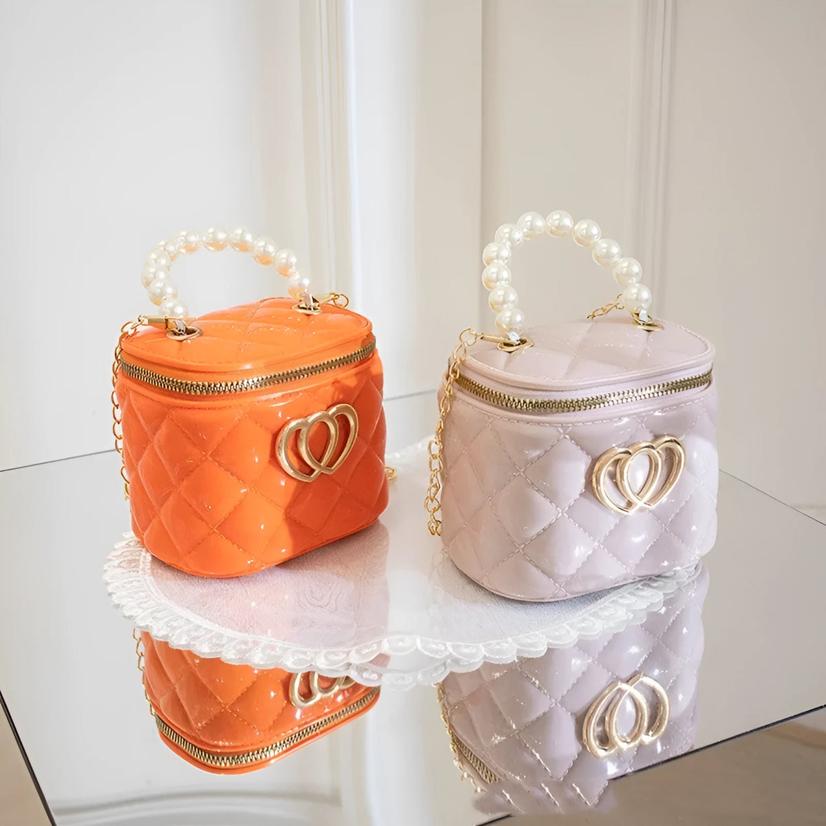Heart-shaped white PVC bucket gel bag with a smooth lining, shown open.