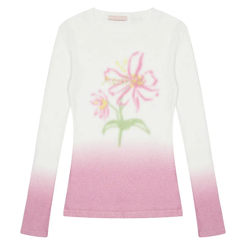 Yellow green gradient flower print on women's long-sleeve polyester T-shirt
