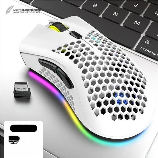 Wireless hollow-out computer mouse with glowing side panels in cyan colour