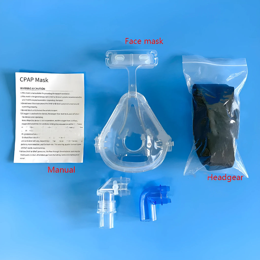 CPAP breathing mask with transparent silicone cushion and polycarbonate frame with ventilator adapter elbows