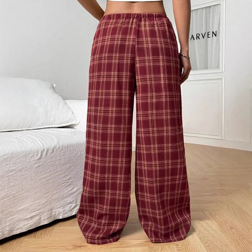 Women's casual plaid trousers with drawstring waist and side pockets in polyester fabric