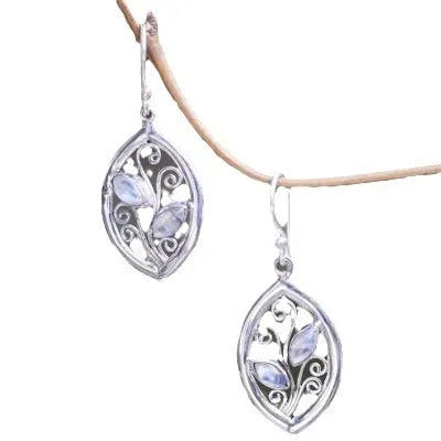 Silver alloy leaves earrings with embedded colourful moonstones for women