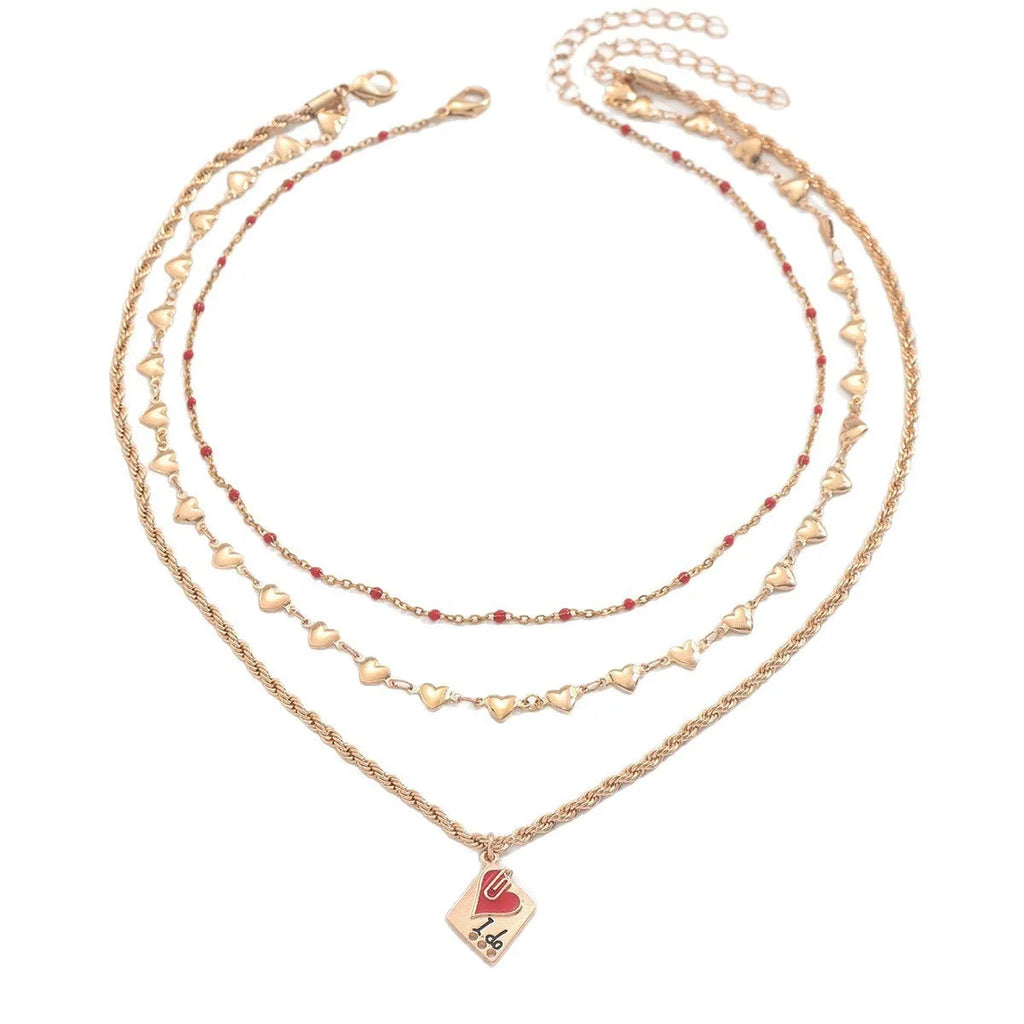 Adjustable geometric heart clavicle necklace with three-layer zinc alloy pendant on chain