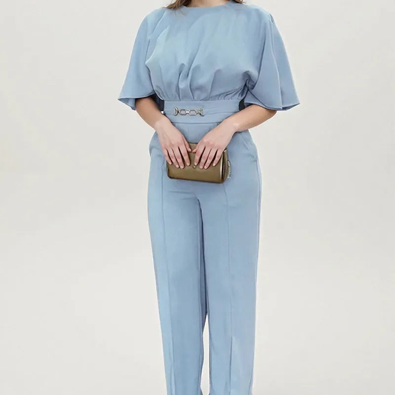 Men's blue polyester casual suit with long sleeve jacket and matching trousers