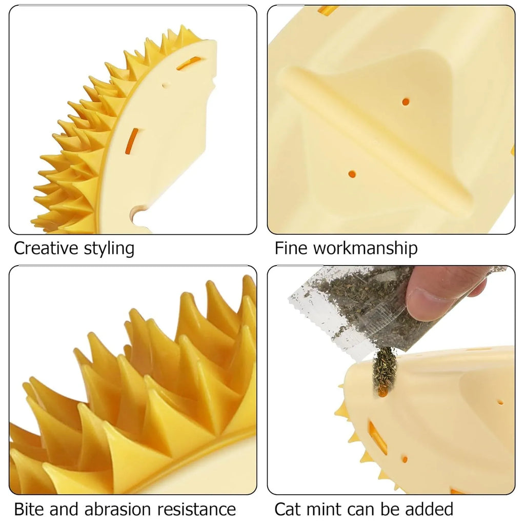 Yellow durian shaped cat corner scratcher with textured massage comb surface