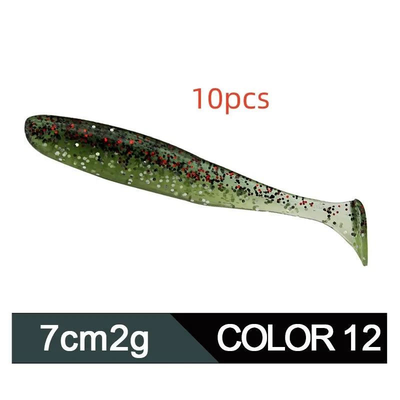 Two-tone T-tail soft fishing lure measuring 7cm with 14 colour options for freshwater angling