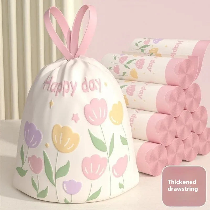 Pink degradable household garbage bags with drawstring closure and mosquito repellent properties