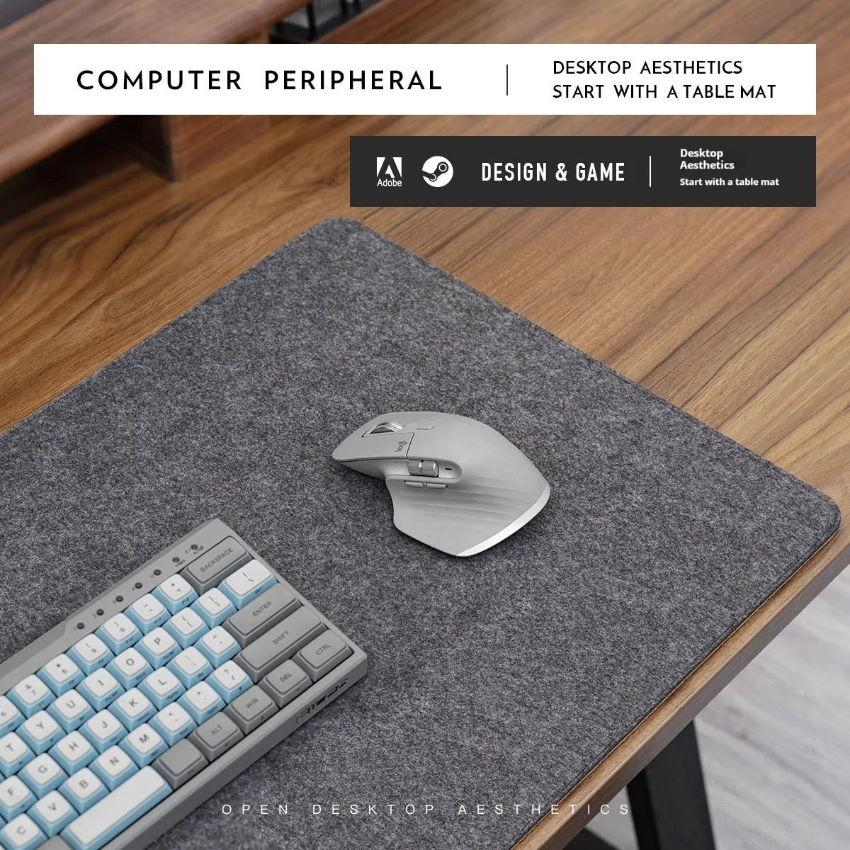 Grey and black felt cork office mouse pad on a wooden desk