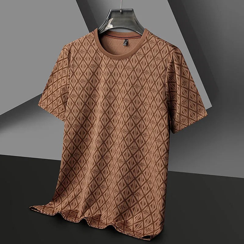 Man wearing a loose fit black jacquard short sleeve ice silk t-shirt.