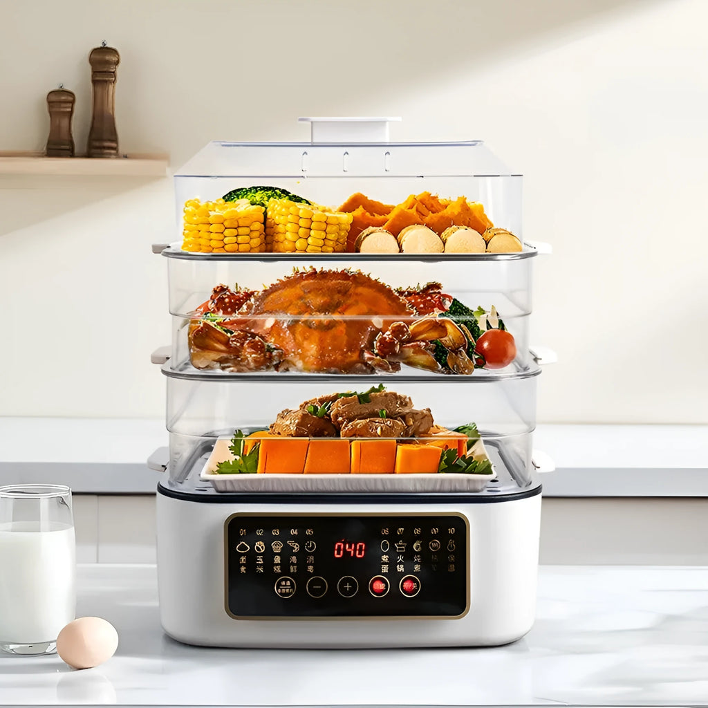 Stainless steel electric food steamer with 28-litre capacity and 800W power rating