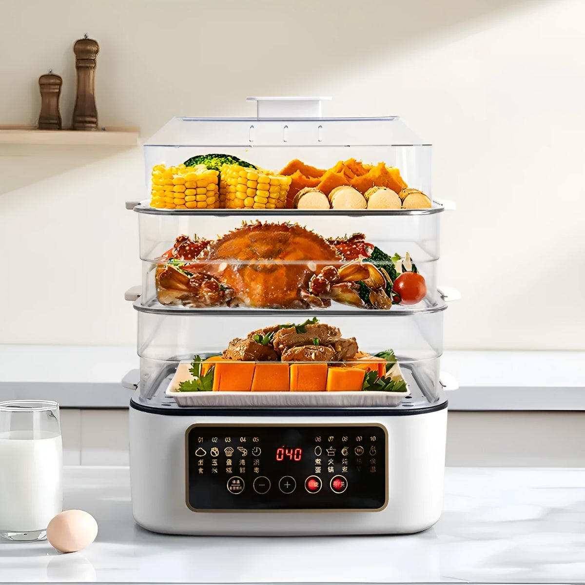 Stainless steel electric food steamer with 28-litre capacity and 800W power rating
