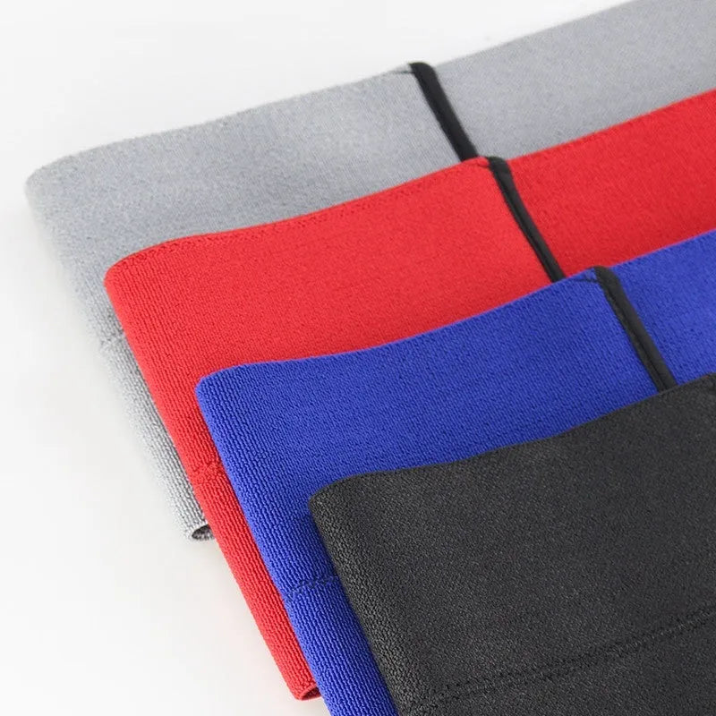 Elastic elbow support compression bandage for boxing and exercise in red, grey, blue, and black colours.