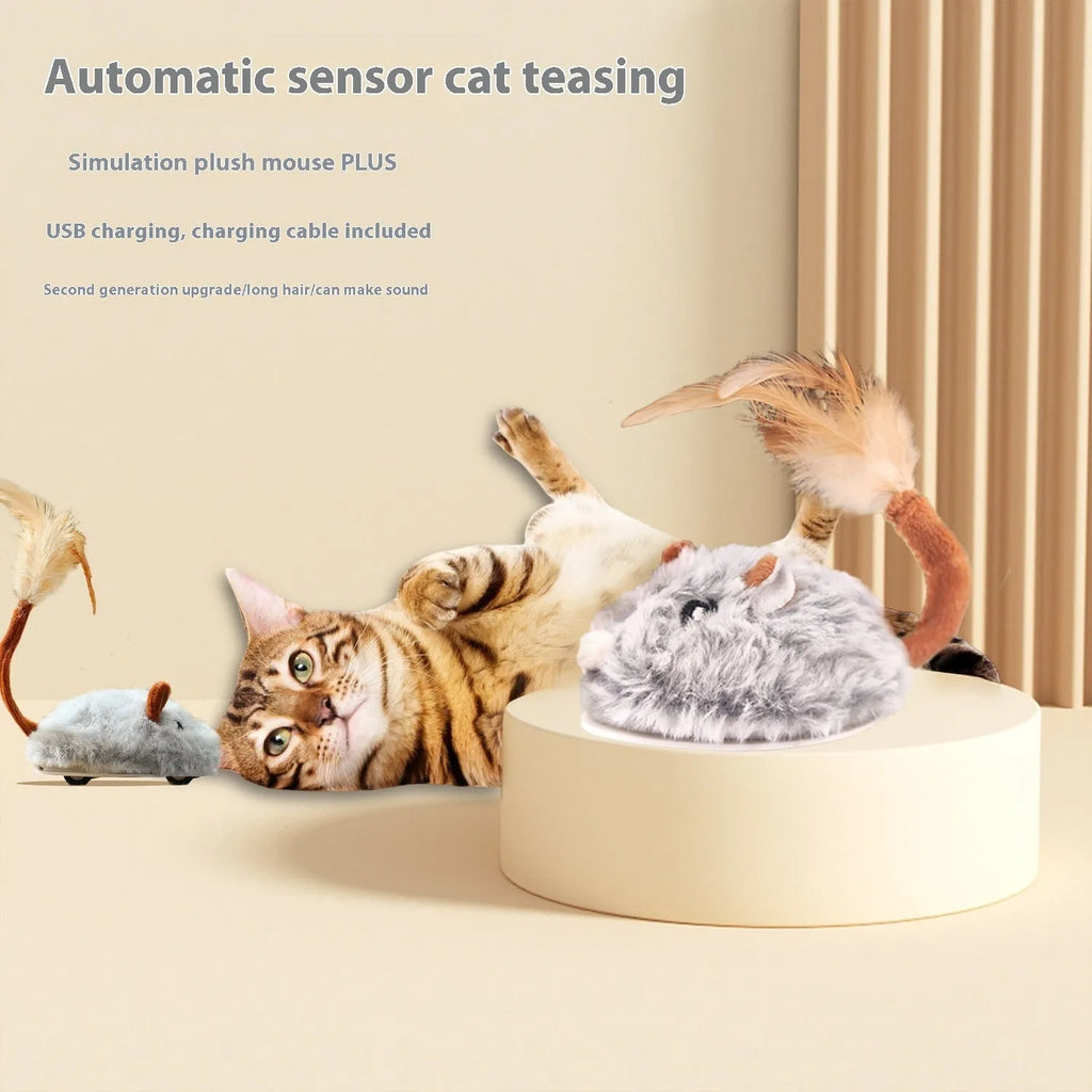 Interactive electric mouse cat pole toy in plush material with Type C charging port