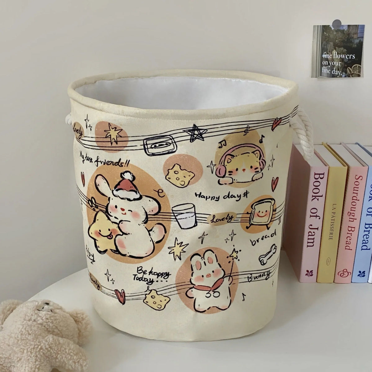 Foldable cotton laundry basket showing one of twelve colour designs for bedroom or bathroom storage