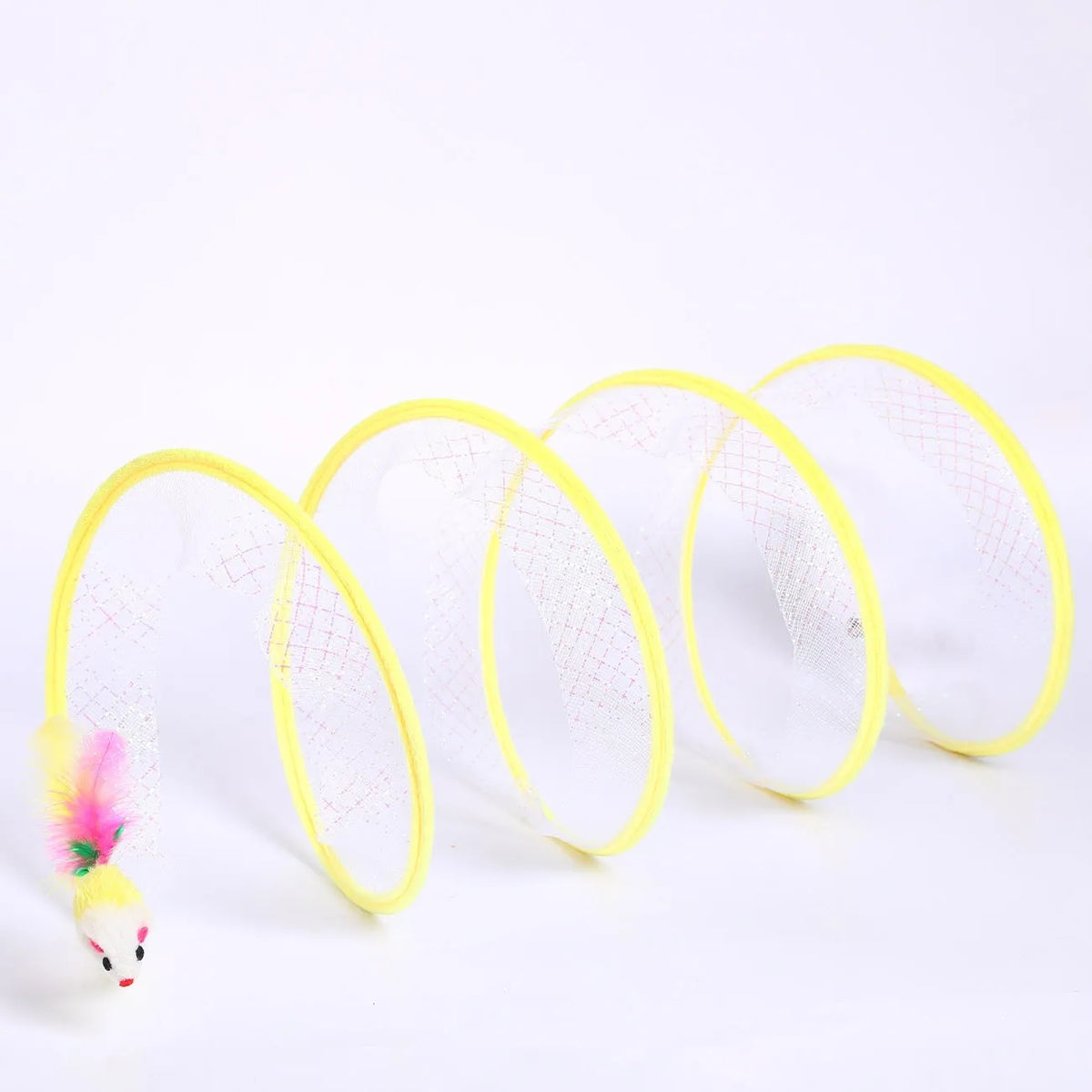 S-type cat tunnel toy with steel wire frame, elastic net, and feather attachments