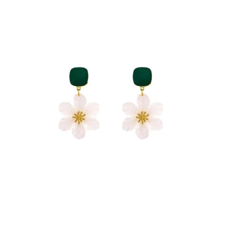 Dark green needle flowers design sweet drop earrings with sterling silver plating