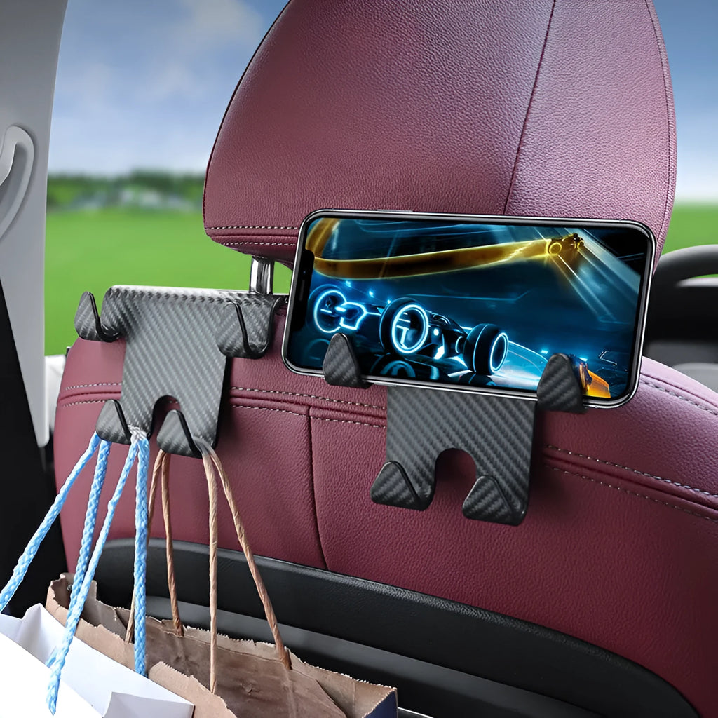Black ABS car hook with integrated mobile phone bracket for rear seat storage.