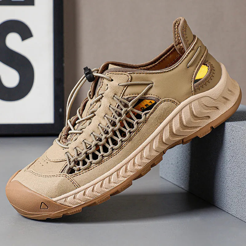 Men's hand-woven sandals with closed toe, elastic band, and rubber sole in light gray.