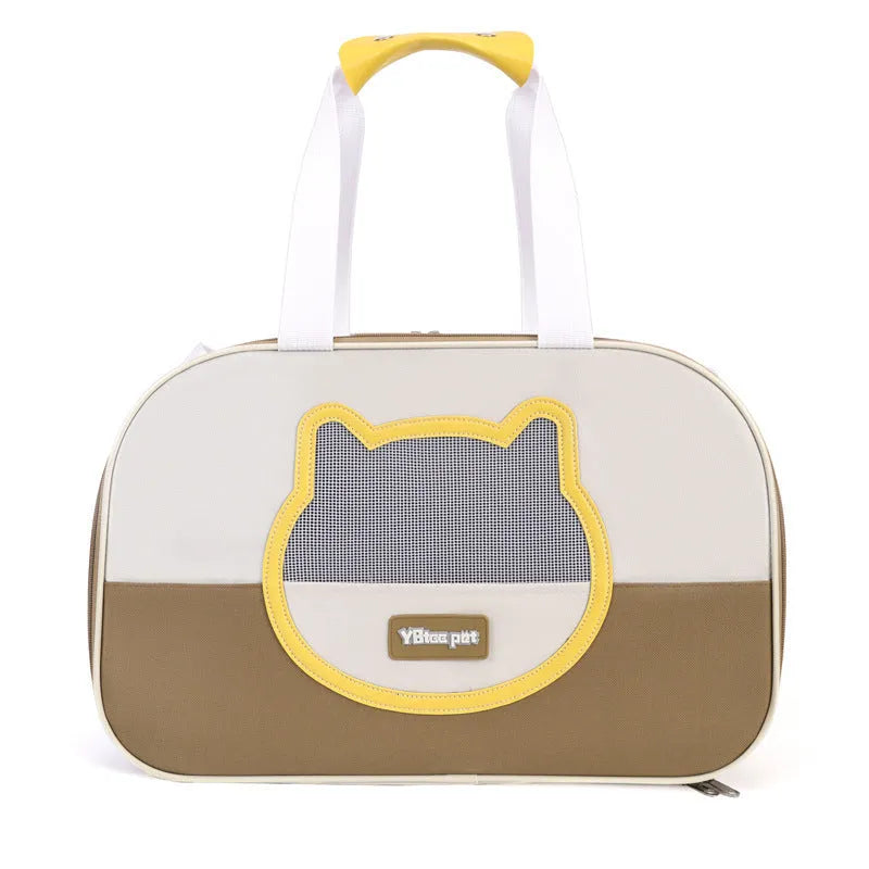 Foldable outdoor cat backpack carrier in blue colour with contrast pattern and adjustable straps