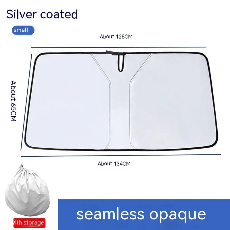 Titanium silver car sun shade with double-ring front shield construction folded for storage