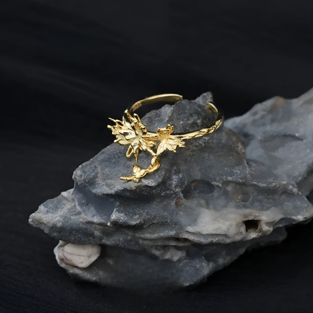 Adjustable opening silver butterfly ring with electroplated gold colour finish