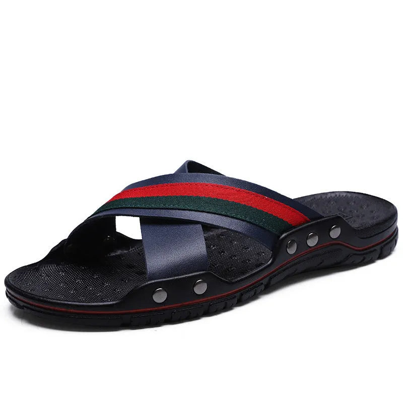 Men's leather flip-flops in white, blue, and black on a non-slip PU sole.