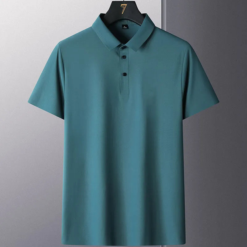 Man wearing a solid colour non-ironing short sleeve business casual shirt in navy blue.
