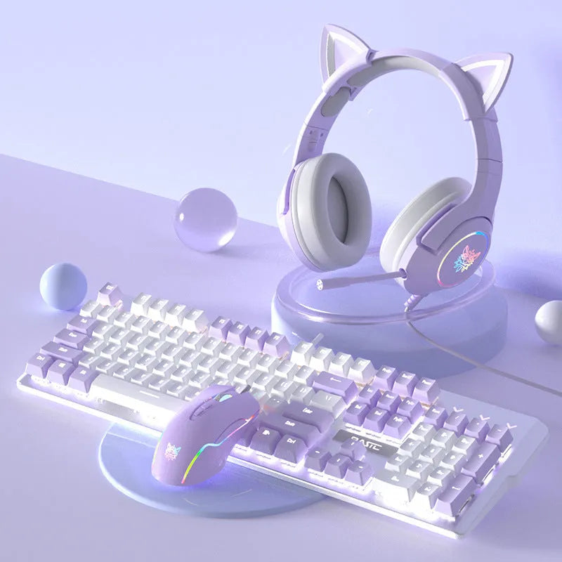 Purple and white mechanical keyboard and wired mouse set with backlit keys