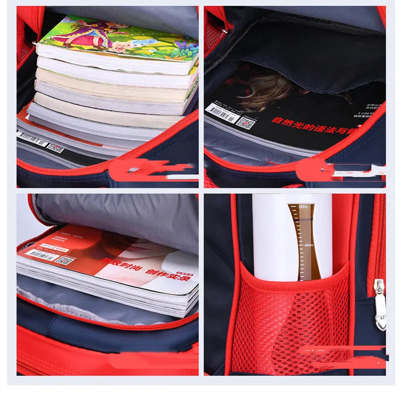 Children's nylon backpack with colourful anime cartoon print, shown with matching pencil case, dimensions 30x14x42cm.