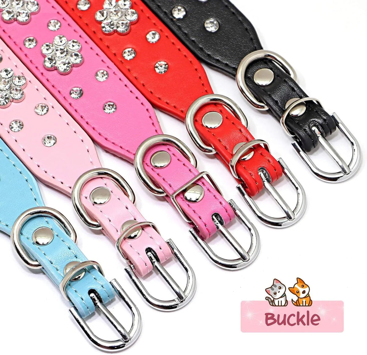 Black PU leather dog collar with diamond flower studs and a metal adjustable buckle.