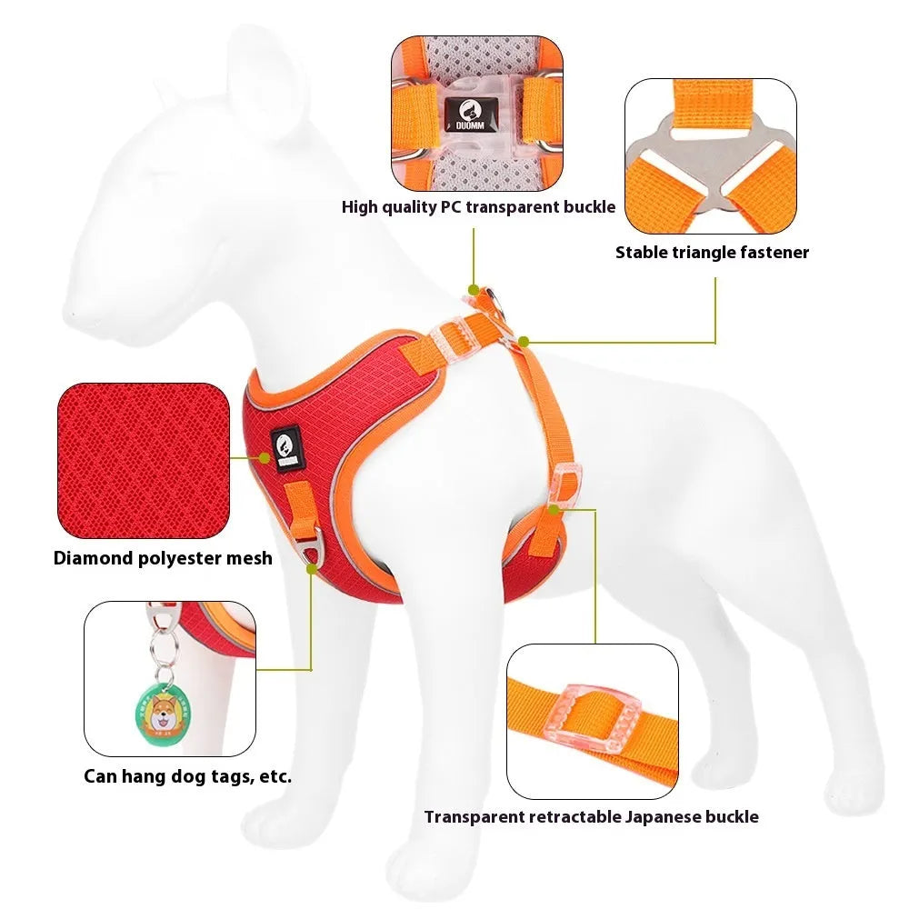 Adjustable dog harness with reflective piping and breathable mesh panels in multiple colour options