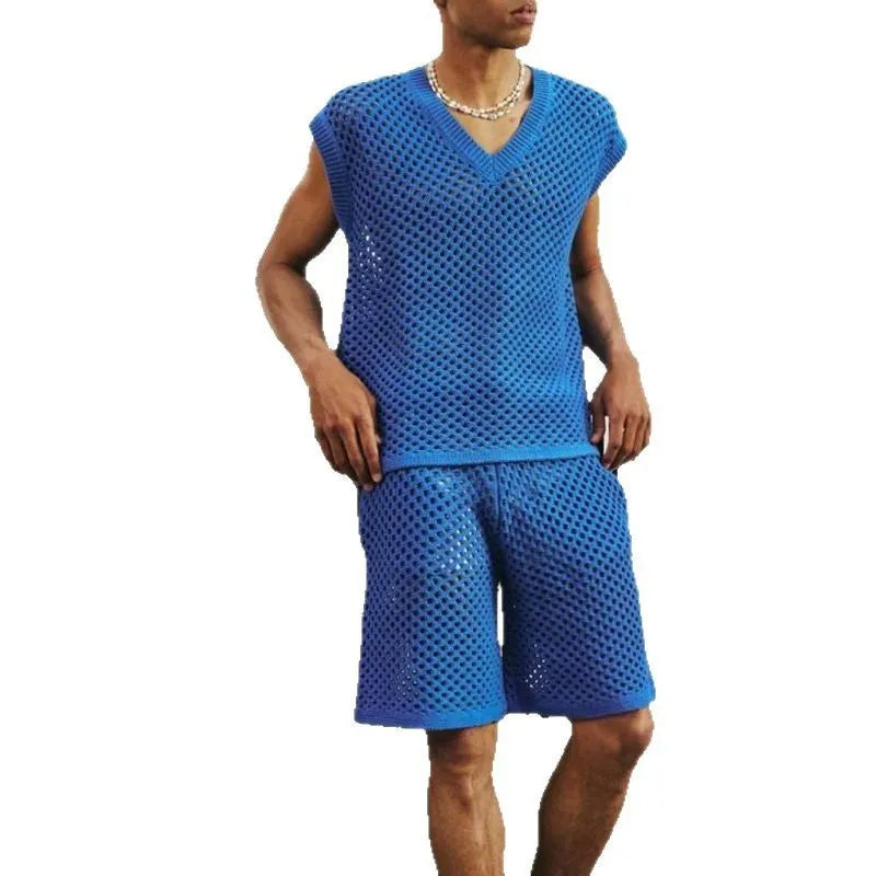Men's blue V-neck knitted vest and matching shorts sports suit set for summer activities