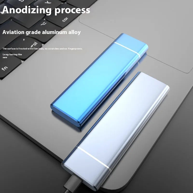 Sapphire blue portable external hard drive with metal shell showing USB connection cable