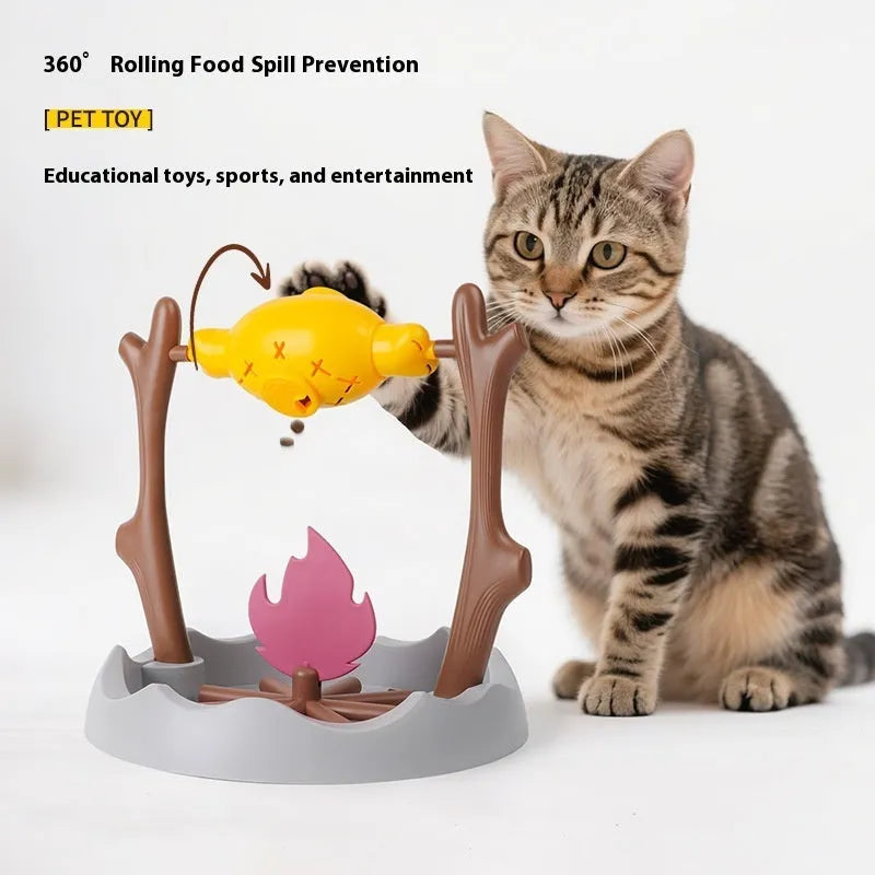 Barbecue grill style tumbling cat feeder toy with food dispensing mechanism 30cm dimensions