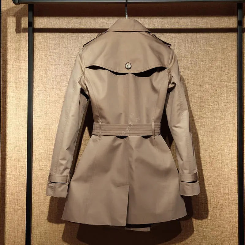 Khaki polyester British double breasted trench coat with flight sleeves and button front
