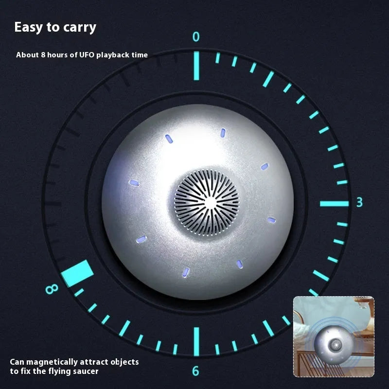 Magnetic levitation Bluetooth speaker hovering above its base in automatic lifting audio colour.