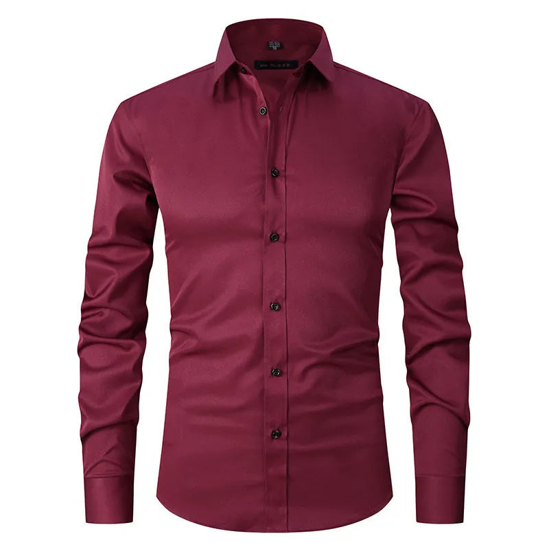 Men's stretch long sleeve work shirt in polyester fabric with white buckle detail and size guide