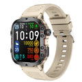 QX11 black and khaki smartwatch with zinc alloy case showing TFT touch screen.