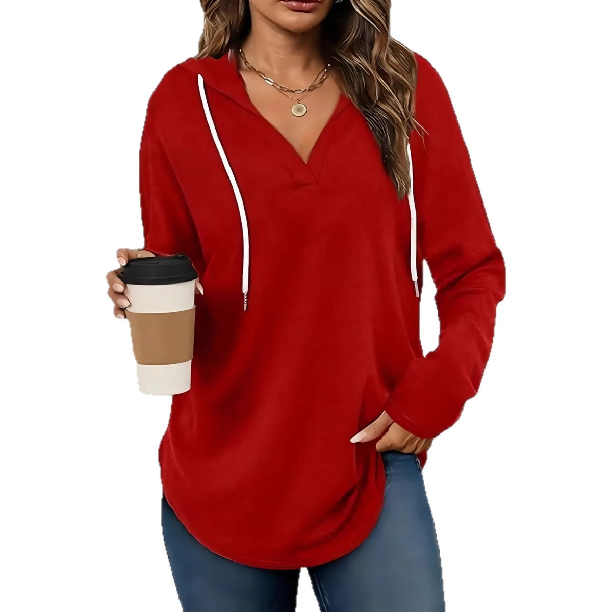 Red women's V-neck hooded sweatshirt with long sleeves on a hanger