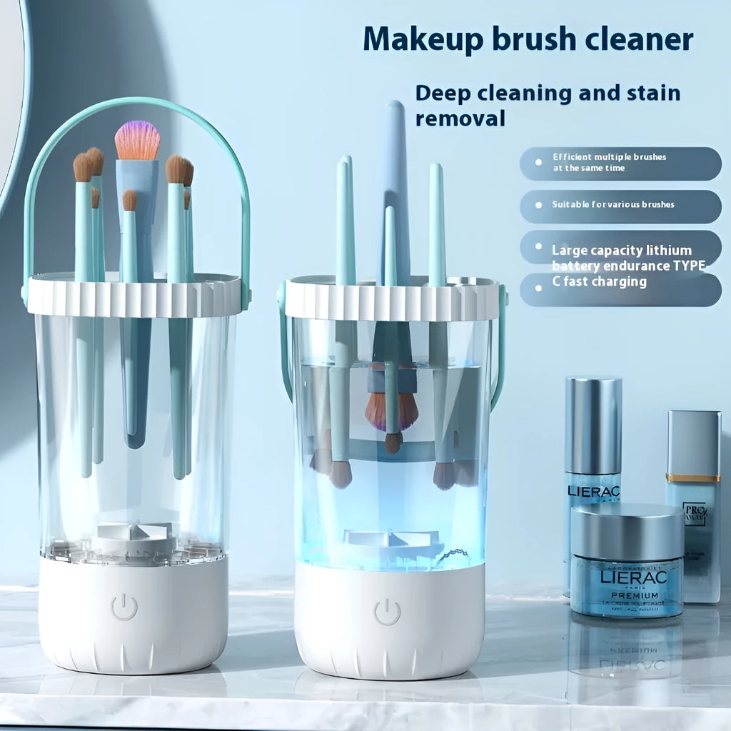 White plastic rechargeable electric makeup brush cleaning device with USB charging cable