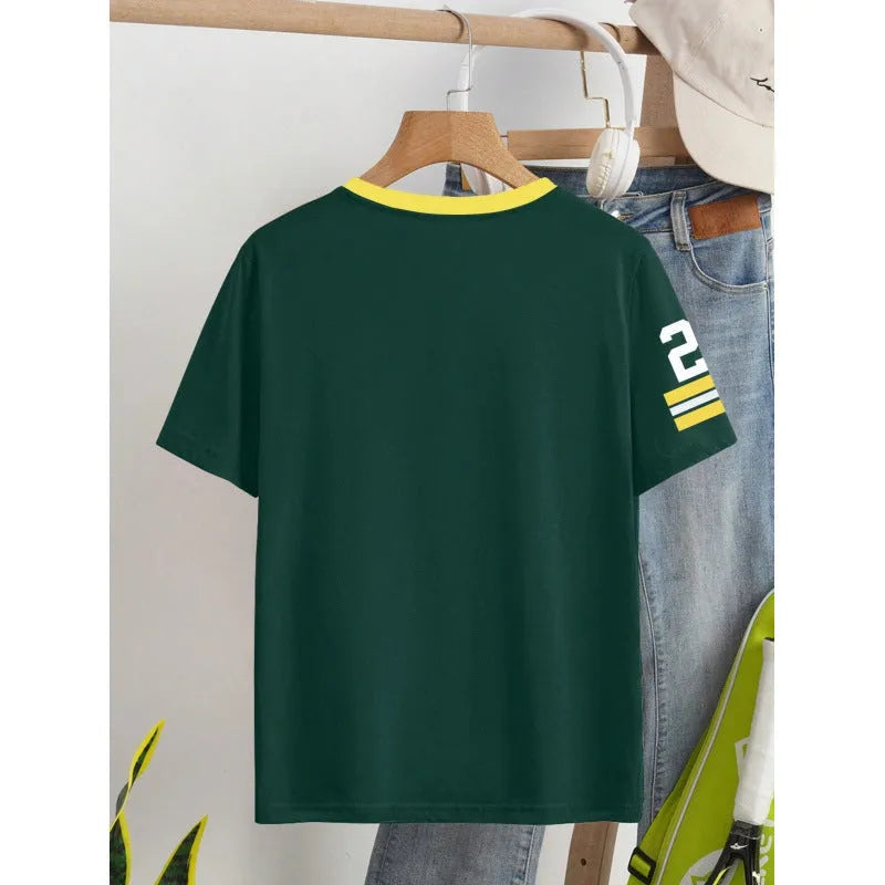 Red loose cotton T-shirt with white digital letter print on front.