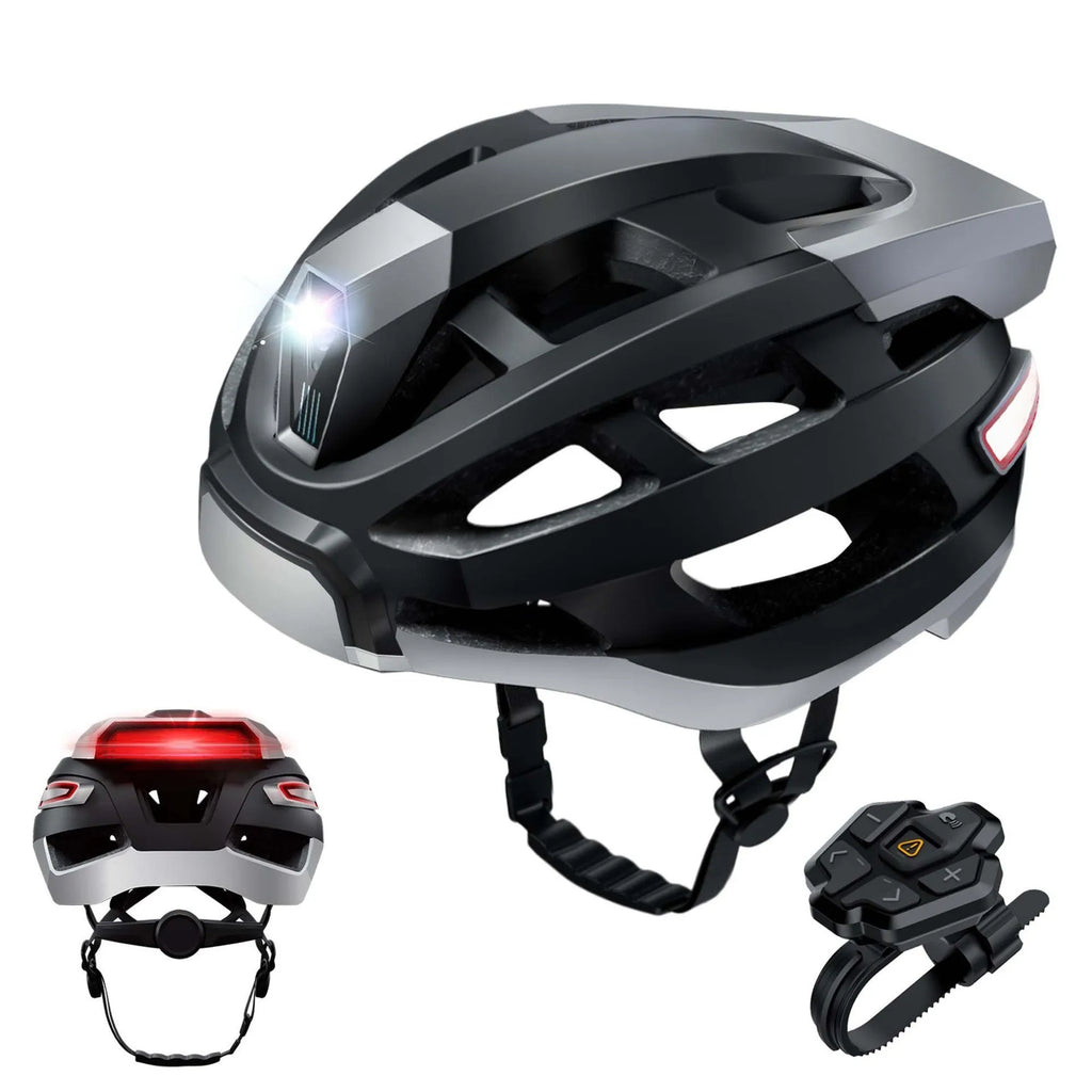 Black and grey smart Bluetooth helmet with integrated warning light for adult cyclists