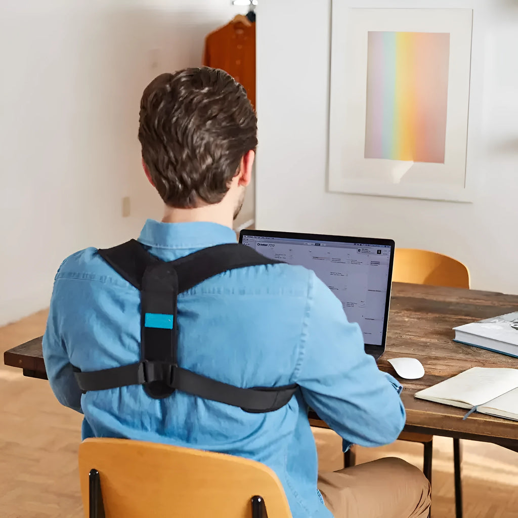 Black adjustable breathable posture correction strap shown on a white background.
