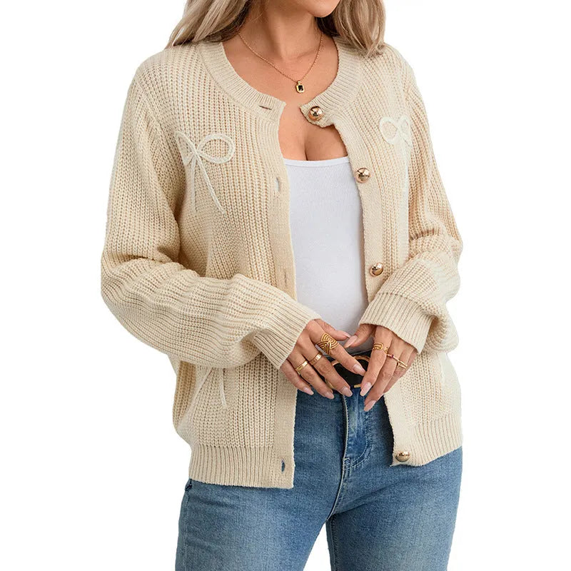 Women's light khaki bow cardigan coat with long sleeves and button front in sizes S, M and L