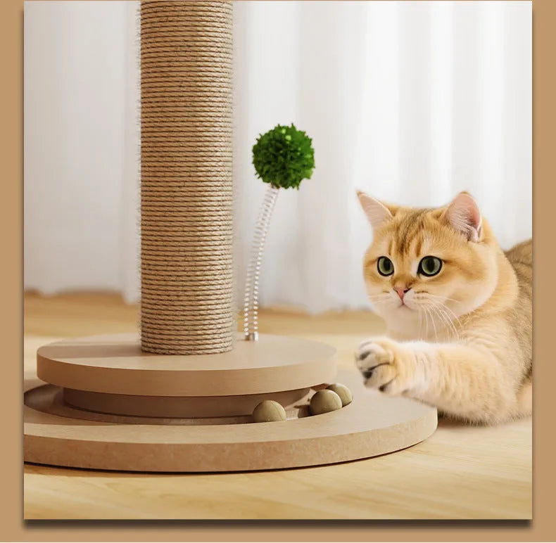 Vertical cat climbing frame with hemp rope posts and canna-coloured platforms.