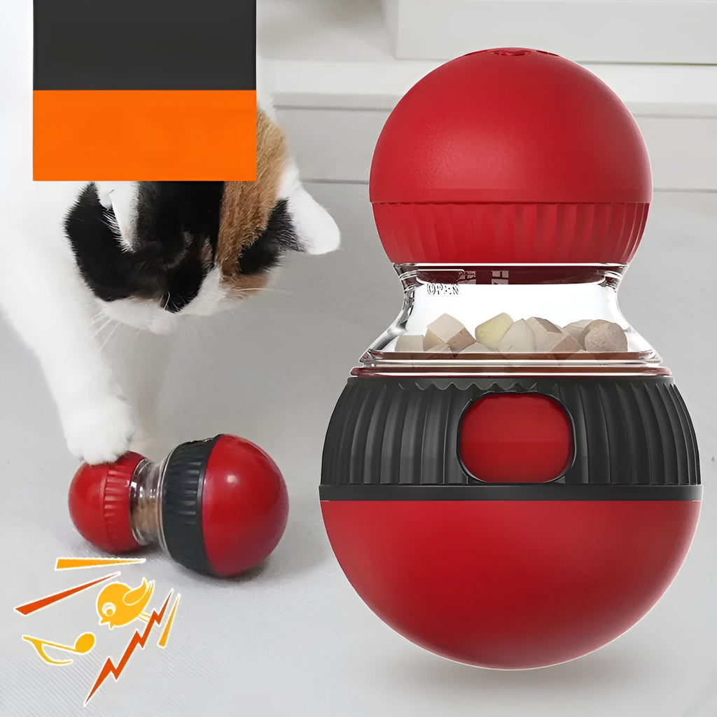 Rotating plastic cat toy with food dispensing ball showing sound effects feature and compact design