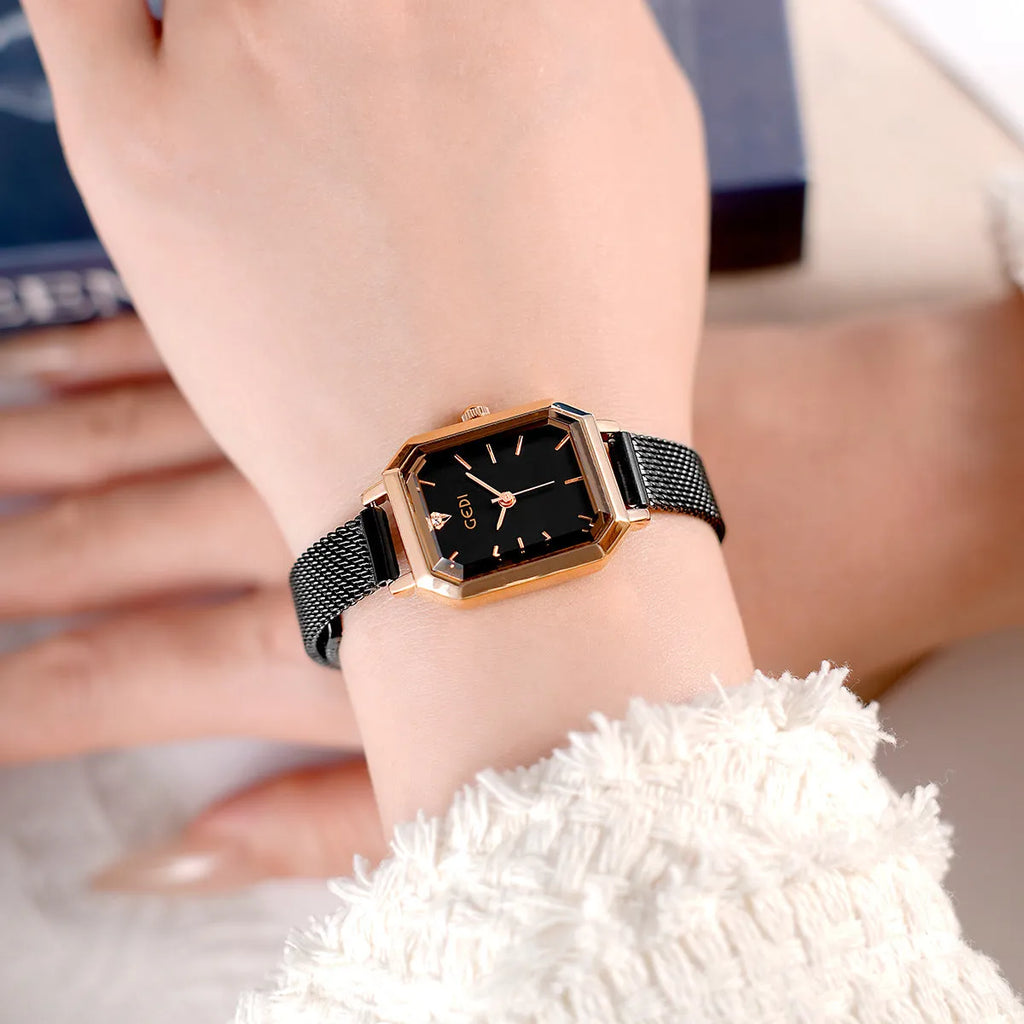 Women's rose gold square retro casual watch with slim 8mm case and multiple colour dial and strap options.